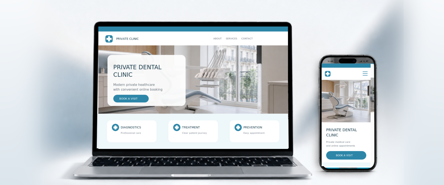 Private dental clinic website and paid ad mockup